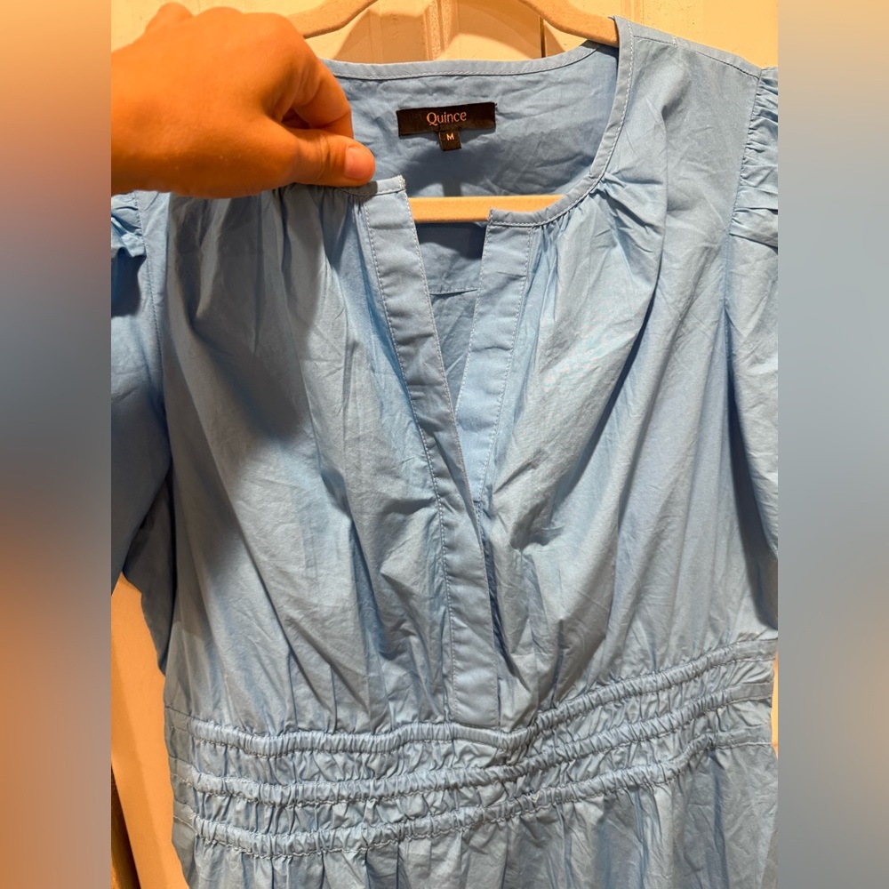 Quince Sky Blue Short Sleeve Smocked Waist Tiered Mini Dress - Picture 6 of 13